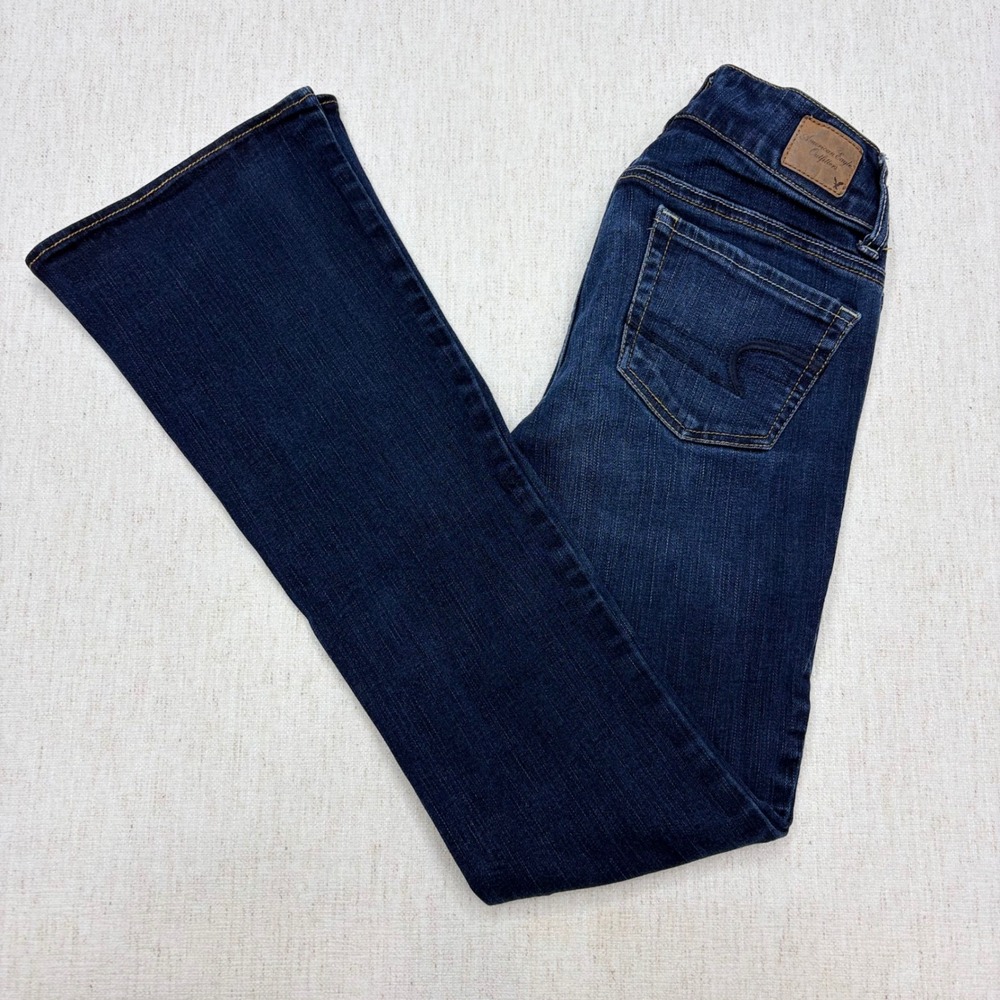 American Eagle Artist Flare Jeans Womens 00 Dark Wash Super Stretch Duble Button